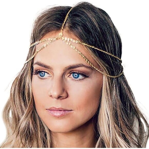 Accessories - Gold Sequins Head Chain Bohemian Hair Jewelry Headpiece Forehead Band Festival H